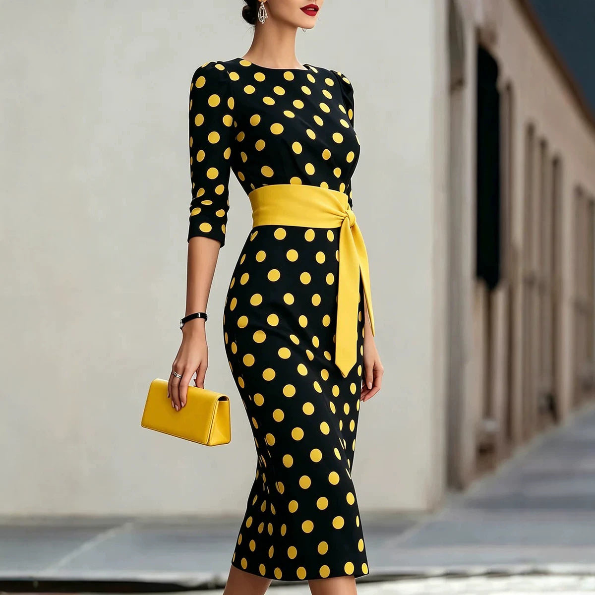 Women Elegant Black White Polka Dot Midi Dress With Waist Belt Three-Quarter Sleeve O Neck Pencil Bodycon Formal Work Office Party Dress