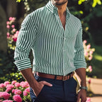 Ins Stripe Printed Long Sleeve Shirt Men Fashion Casual Lapel Button Top Clothing