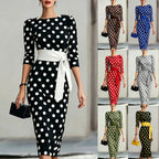 Women Elegant Black White Polka Dot Midi Dress With Waist Belt Three-Quarter Sleeve O Neck Pencil Bodycon Formal Work Office Party Dress