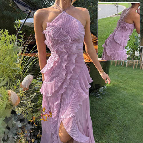 Ruffled Pleated Halterneck Dress