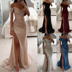 Party Sequins Off-neck Split Dress INS Casual Fashion Dress Women Charming Slimming Dress For Women