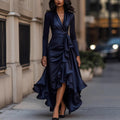 Satin V Neck Cinched Waist Dress With Ruffled Hem For An Elegant Look