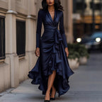 Satin V Neck Cinched Waist Dress With Ruffled Hem For An Elegant Look
