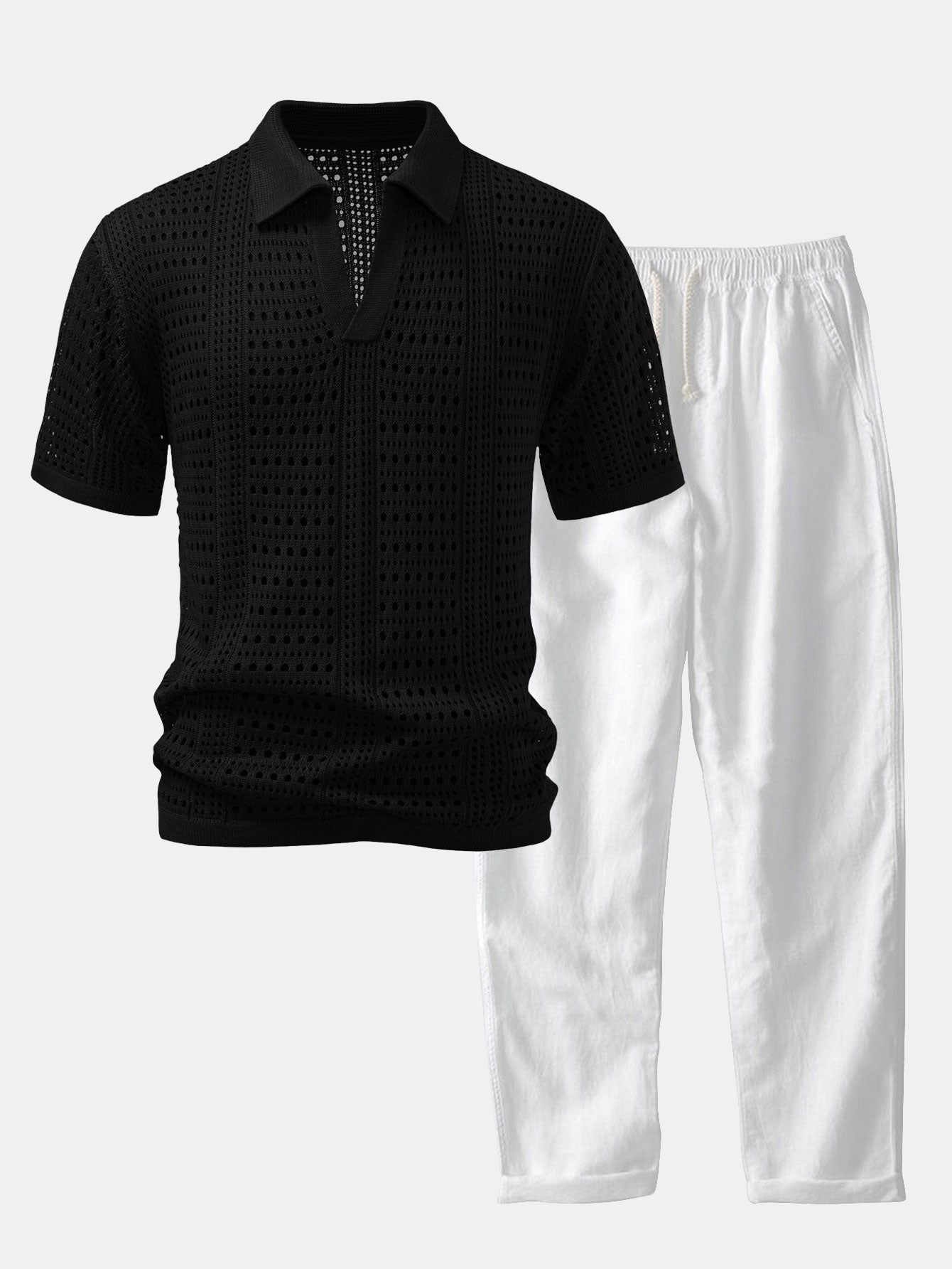 Maqiato | Men's Crochet Knit Polo & Linen Trousers Set