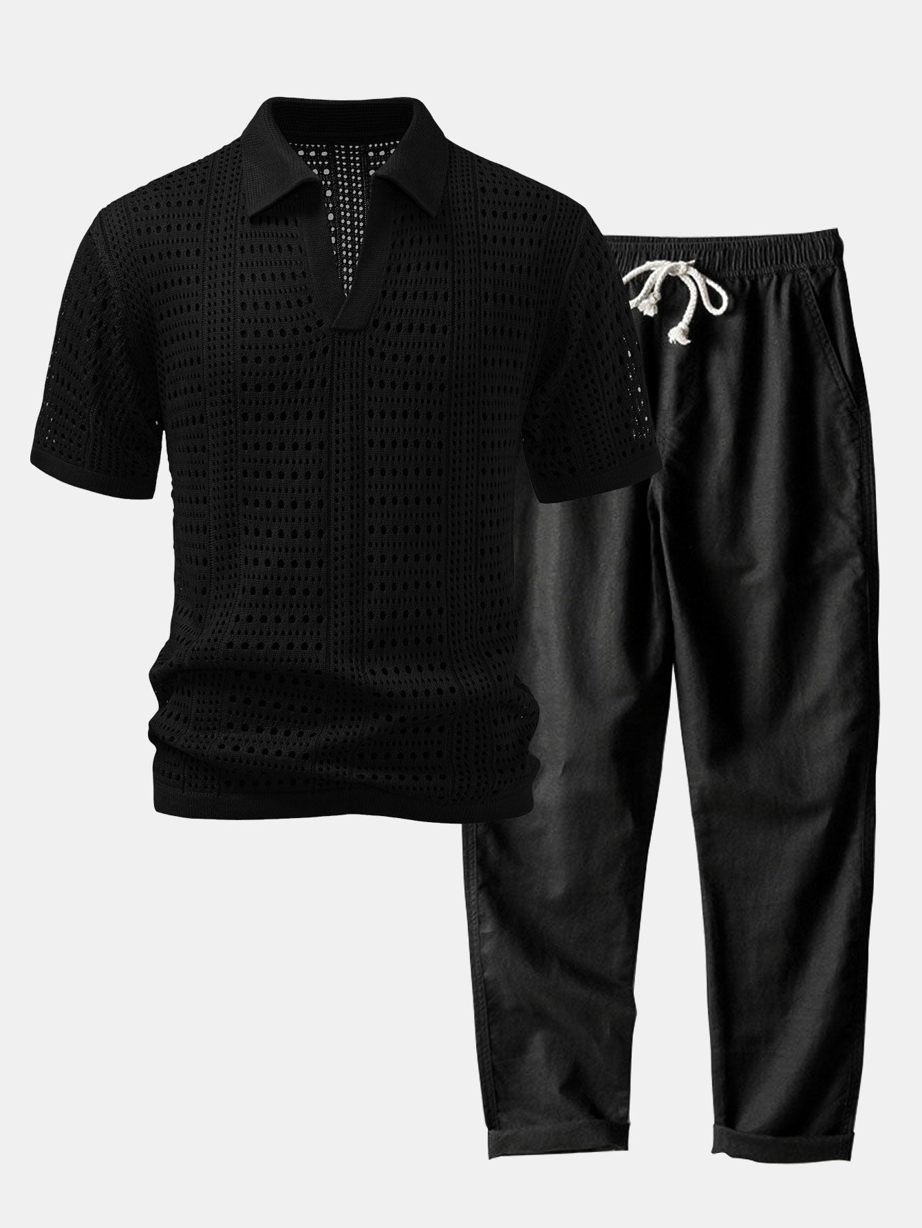Maqiato | Men's Crochet Knit Polo & Linen Trousers Set
