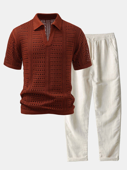 Maqiato | Men's Crochet Knit Polo & Linen Trousers Set