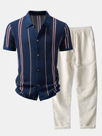 Maqiato | Men's Crochet Knit Shirt & Linen Blend Pants Set
