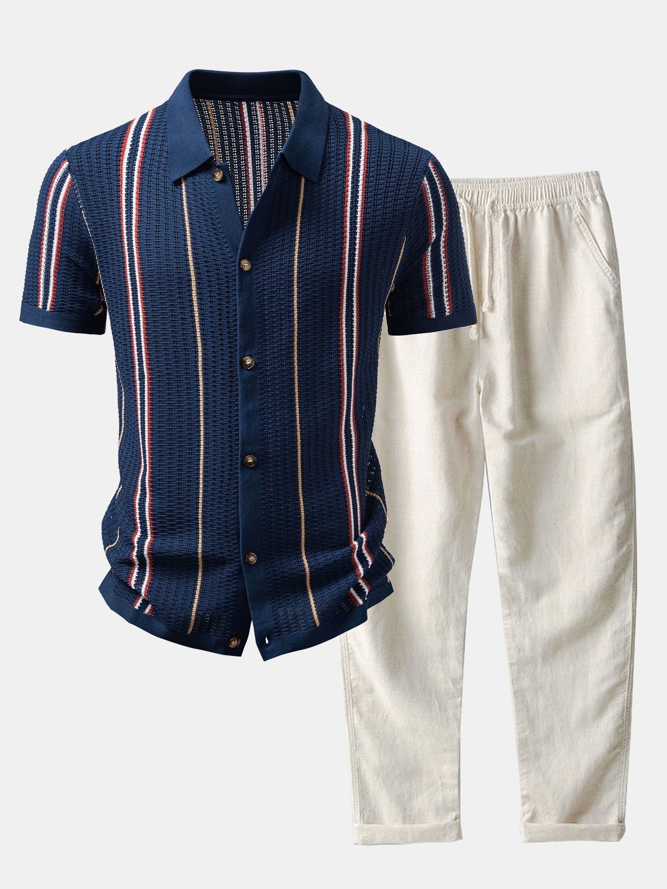 Maqiato | Men's Crochet Knit Shirt & Linen Blend Pants Set