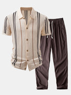 Maqiato | Men's Crochet Knit Shirt & Linen Blend Pants Set