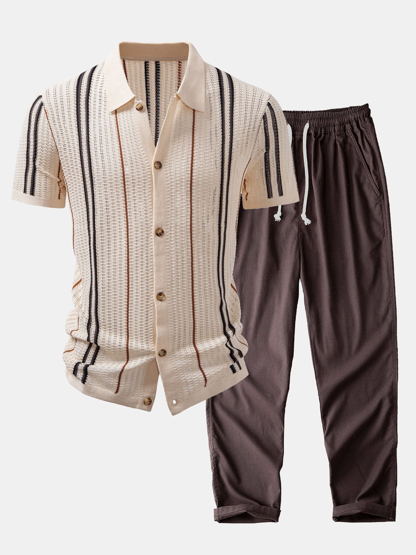 Maqiato | Men's Crochet Knit Shirt & Linen Blend Pants Set