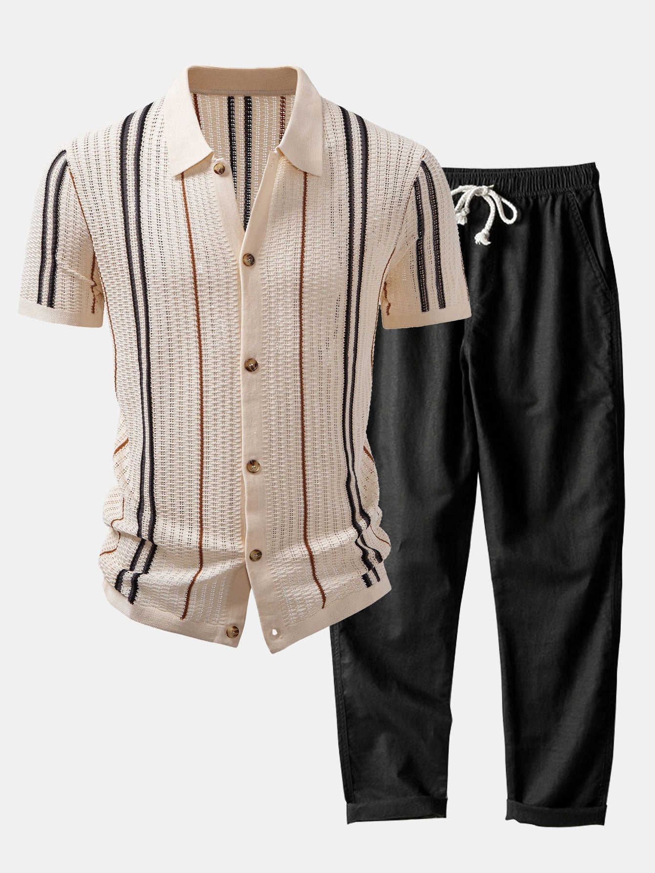 Maqiato | Men's Crochet Knit Shirt & Linen Blend Pants Set
