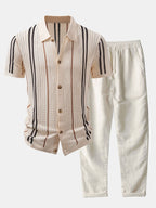 Maqiato | Men's Crochet Knit Shirt & Linen Blend Pants Set