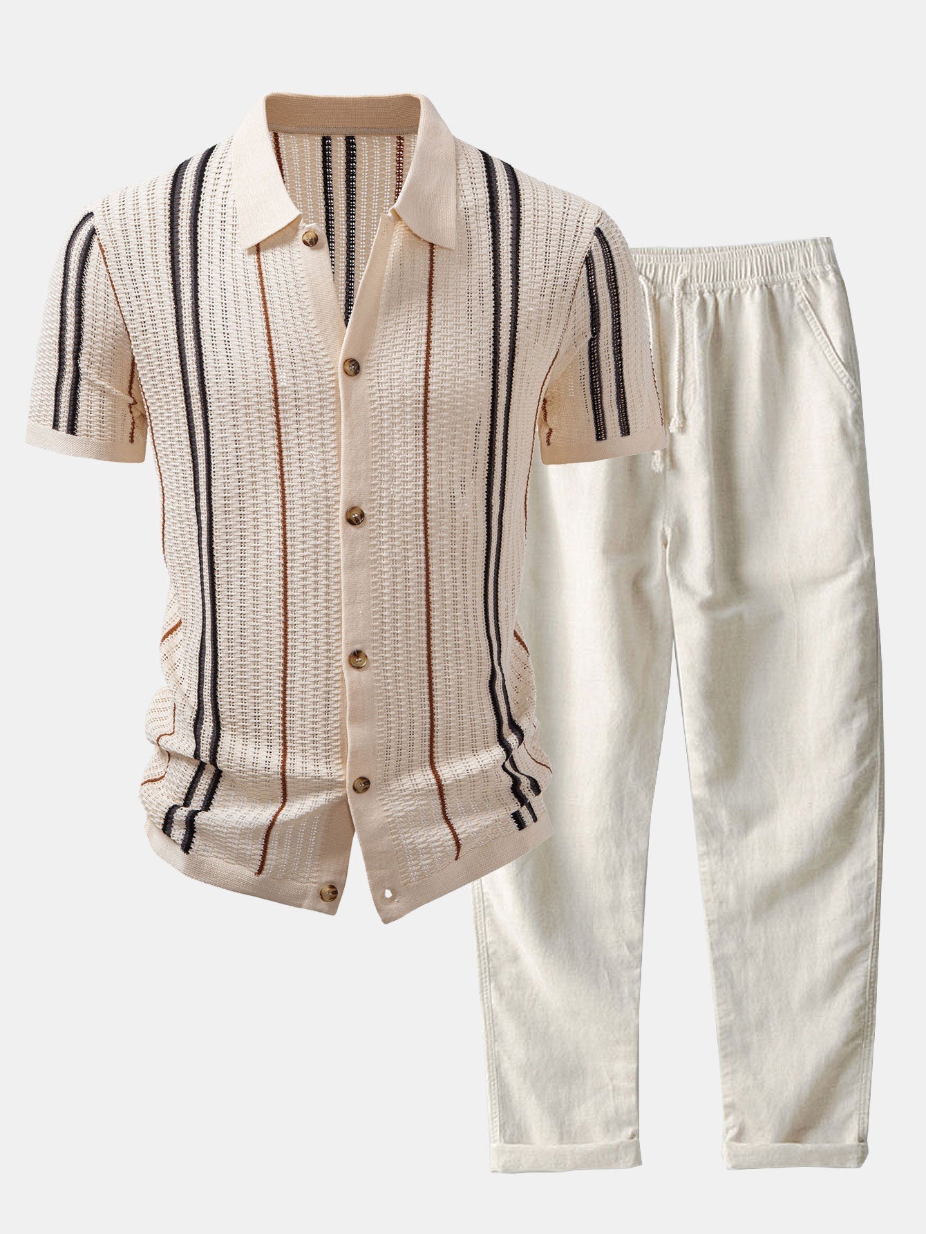 Maqiato | Men's Crochet Knit Shirt & Linen Blend Pants Set