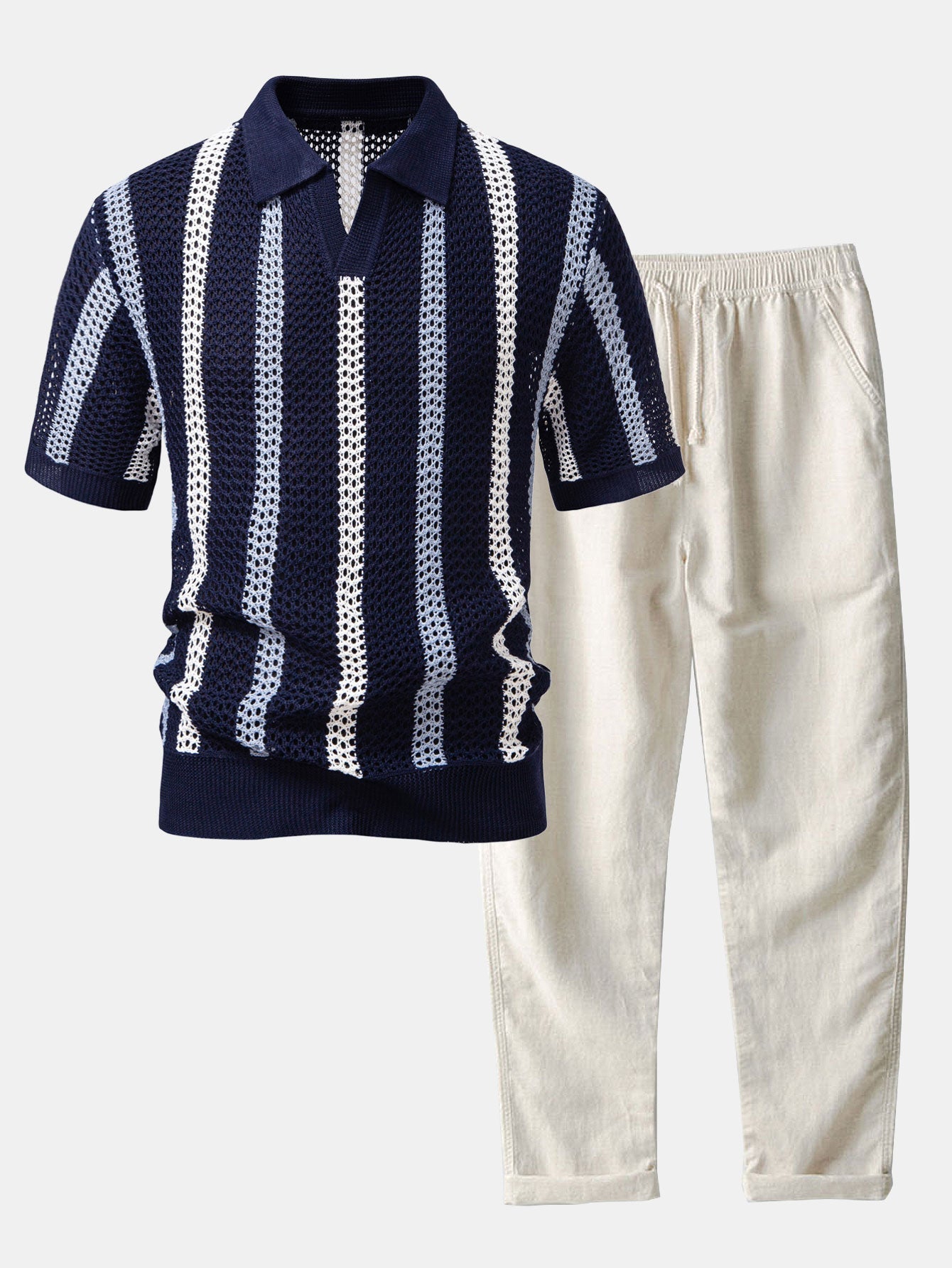 Maqiato | Men's Crochet Polo & Linen Trousers Set