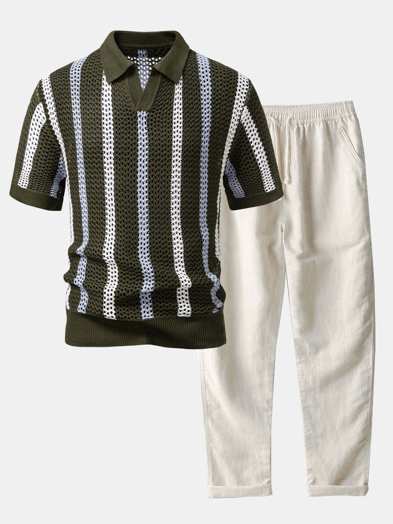 Maqiato | Men's Crochet Polo & Linen Trousers Set