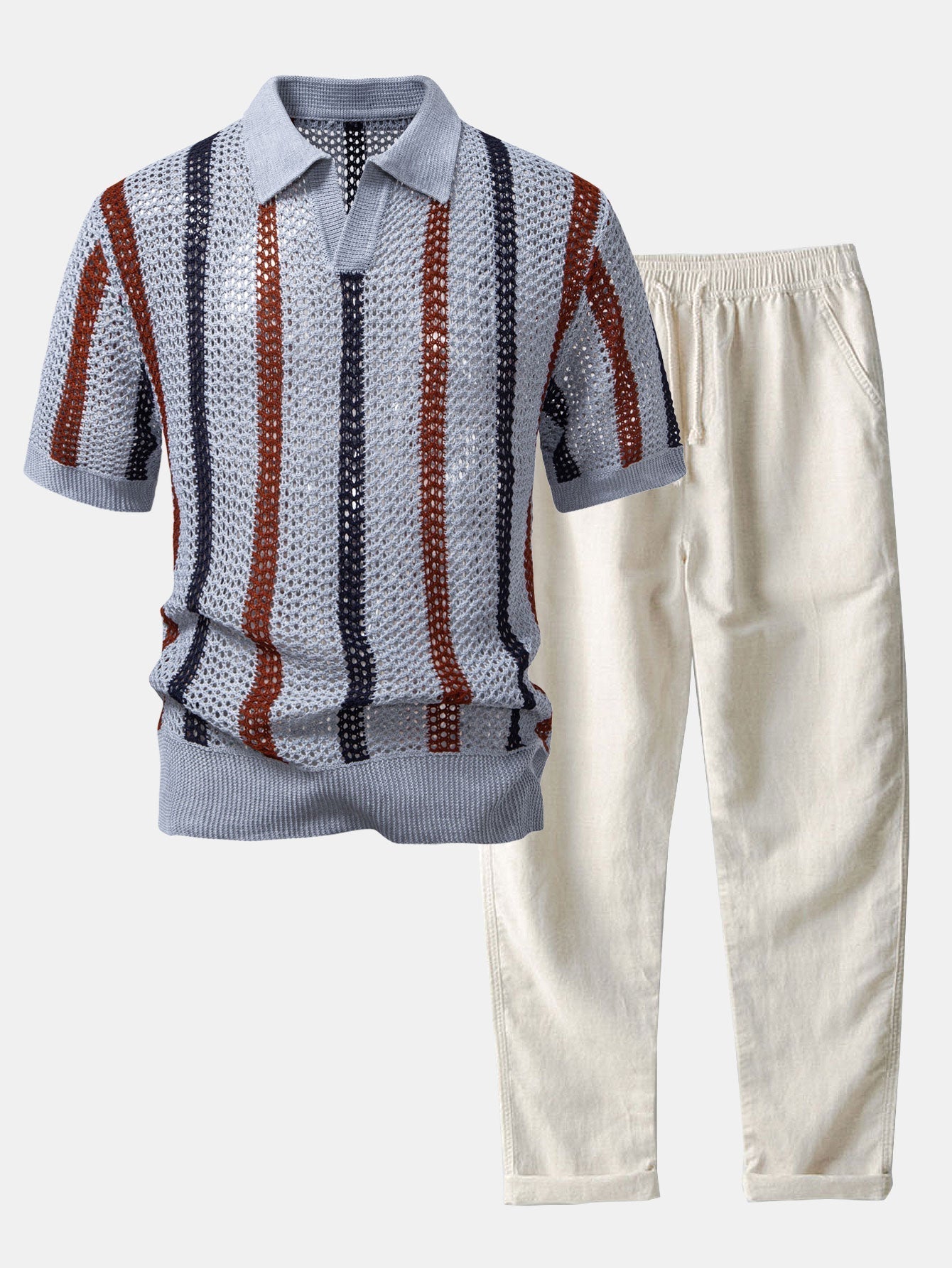Maqiato | Men's Crochet Polo & Linen Trousers Set