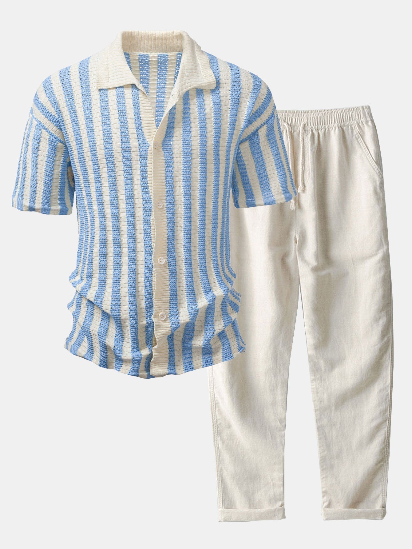 Maqiato | Men's Crochet Stripe Shirt & Linen Pants Set