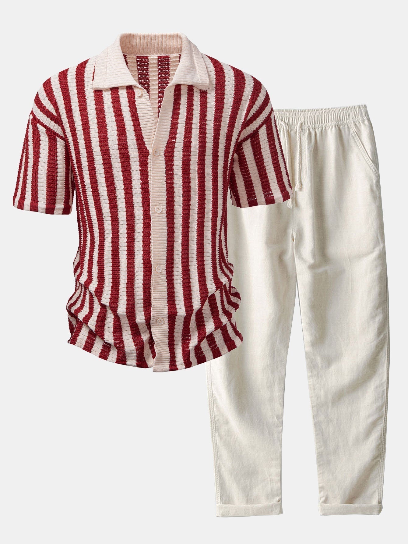 Maqiato | Men's Crochet Stripe Shirt & Linen Pants Set