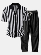 Maqiato | Men's Crochet Stripe Shirt & Linen Pants Set