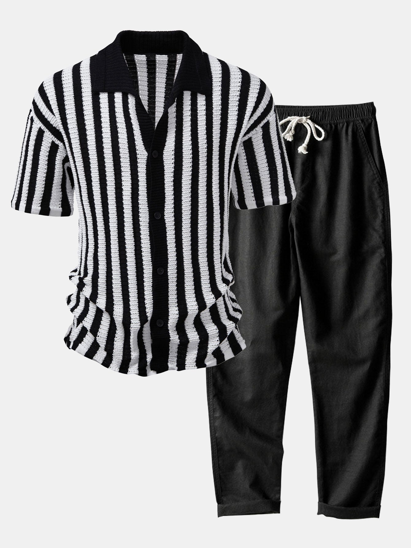 Maqiato | Men's Crochet Stripe Shirt & Linen Pants Set