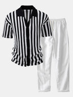 Maqiato | Men's Crochet Stripe Shirt & Linen Pants Set