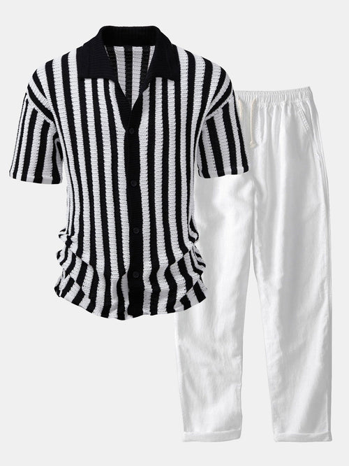 Maqiato | Men's Crochet Stripe Shirt & Linen Pants Set