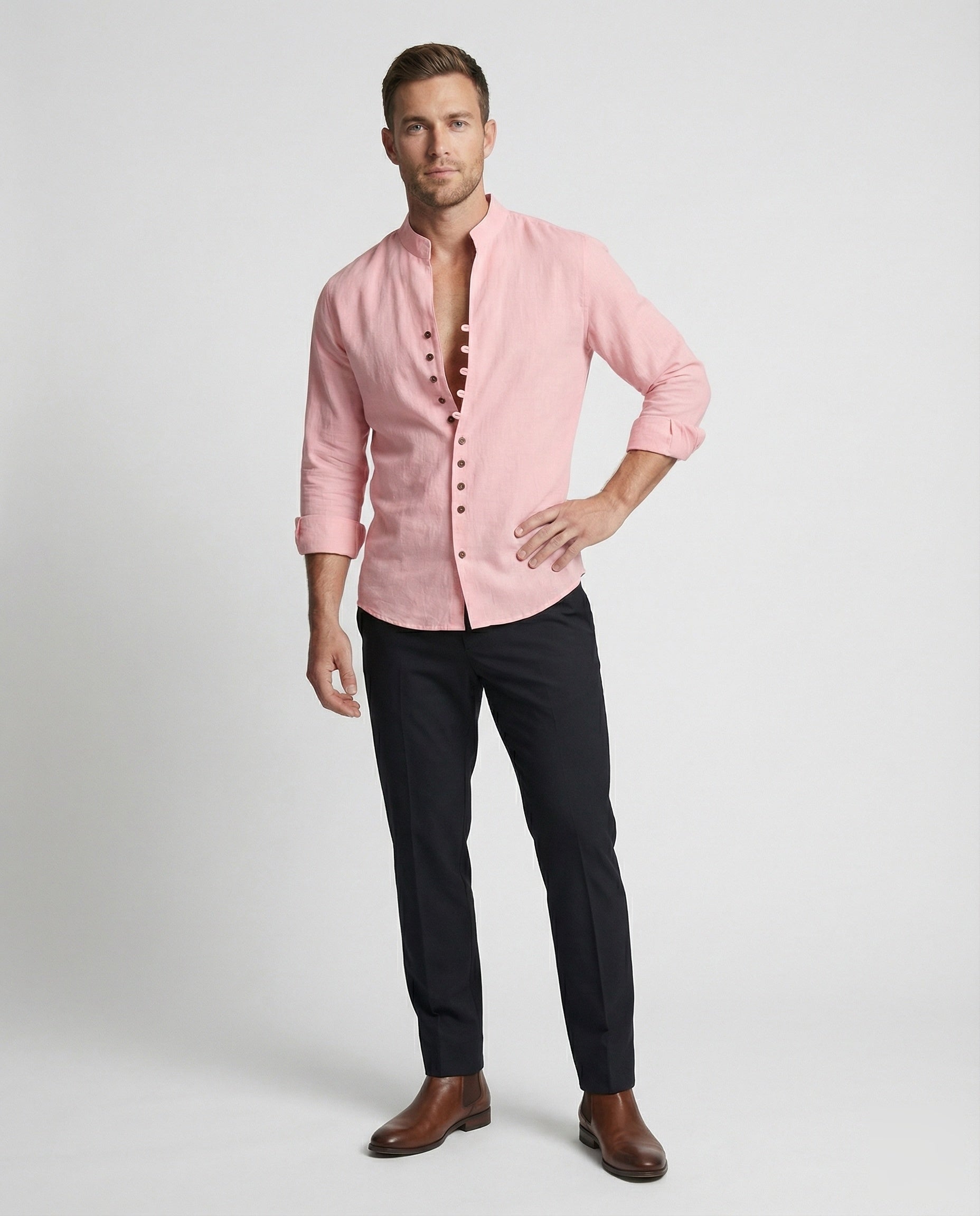 Maqiato | Men's Linen-Blend Shirt – Band Collar