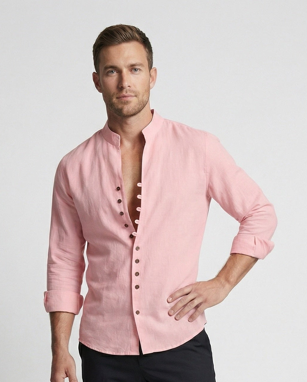 Maqiato | Men's Linen-Blend Shirt – Band Collar