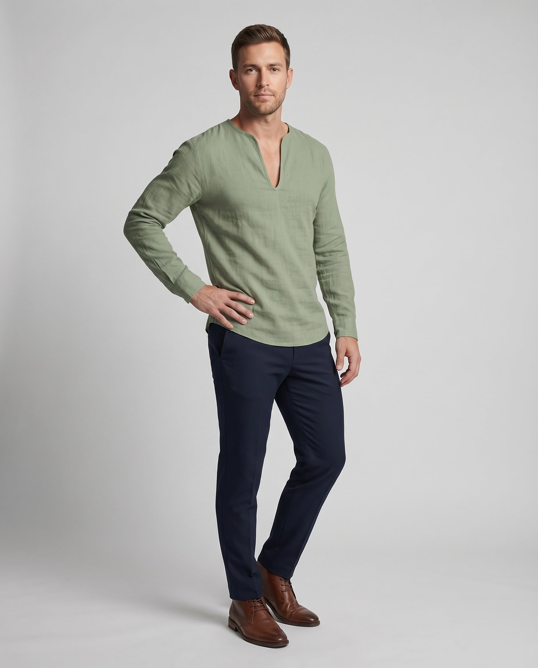 Maqiato | Men's Linen-Blend Tunic Shirt – V-Neck