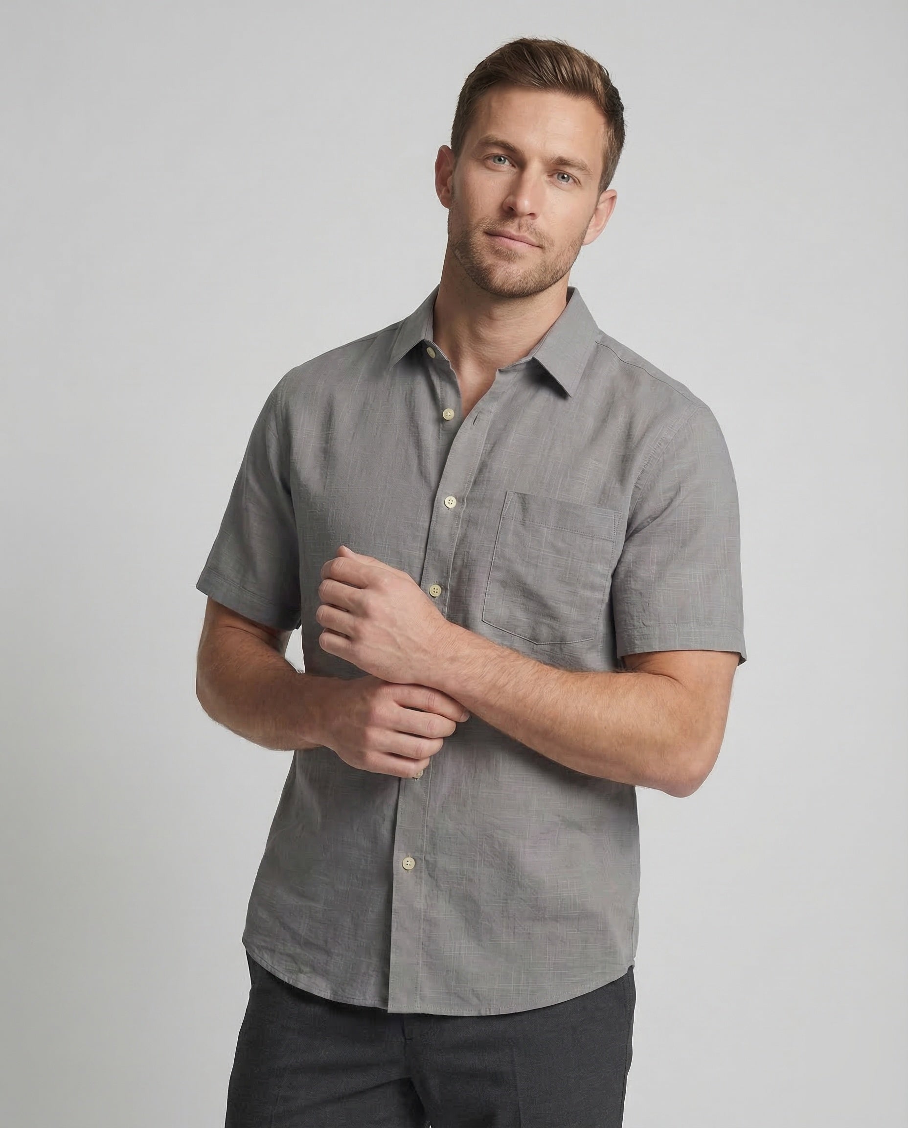 Maqiato | Men's Short-Sleeve Linen-Blend Shirt – Chest Pocket