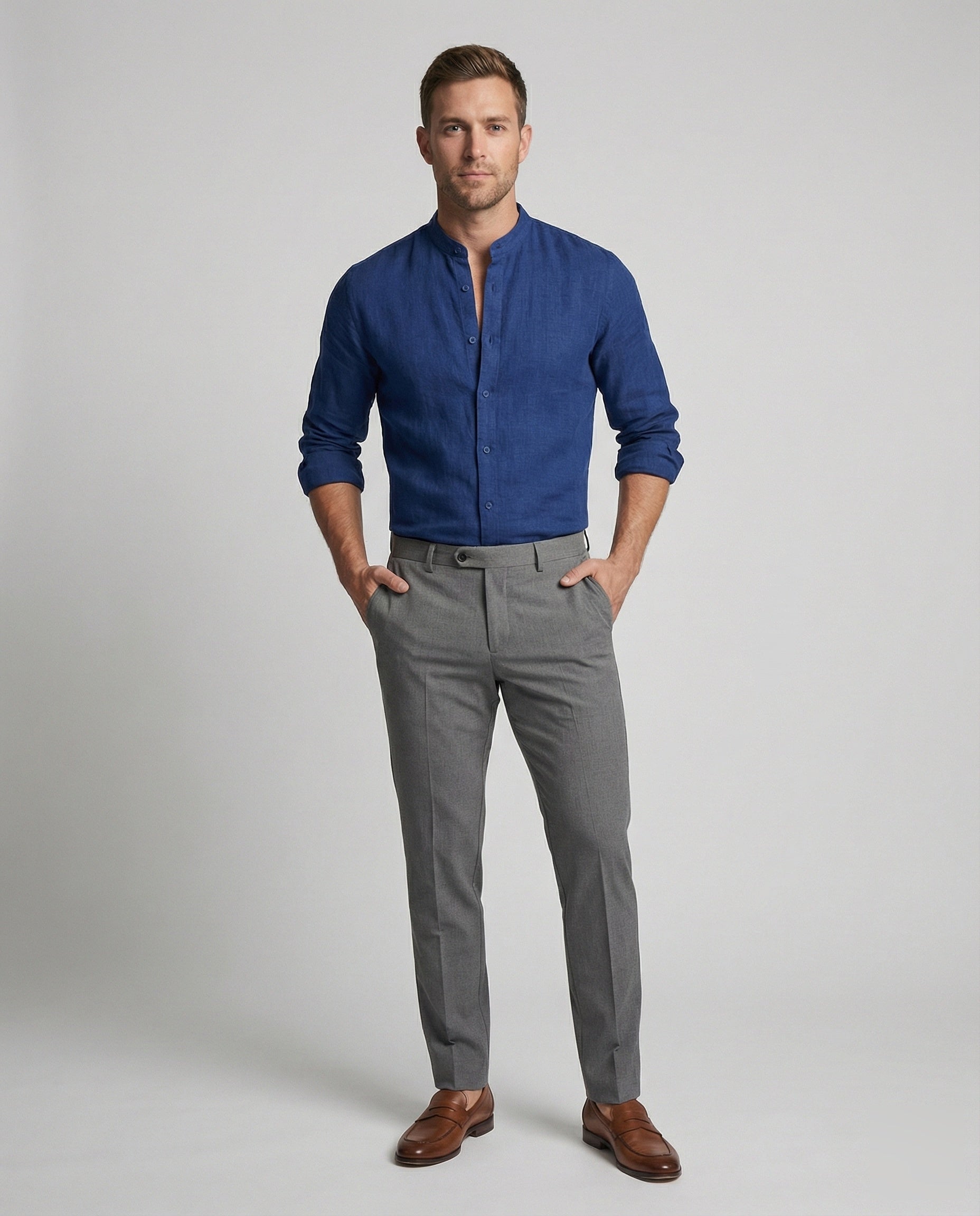 Maqiato | Men's Slim-Fit Linen-Blend Shirt – Band Collar