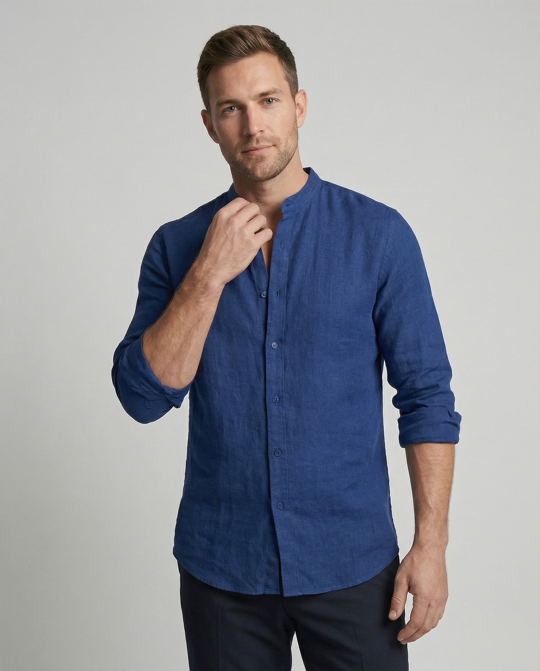 Maqiato | Men's Slim-Fit Linen-Blend Shirt – Band Collar