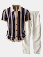 Maqiato | Men's Striped Crochet Shirt & Linen Pants Set