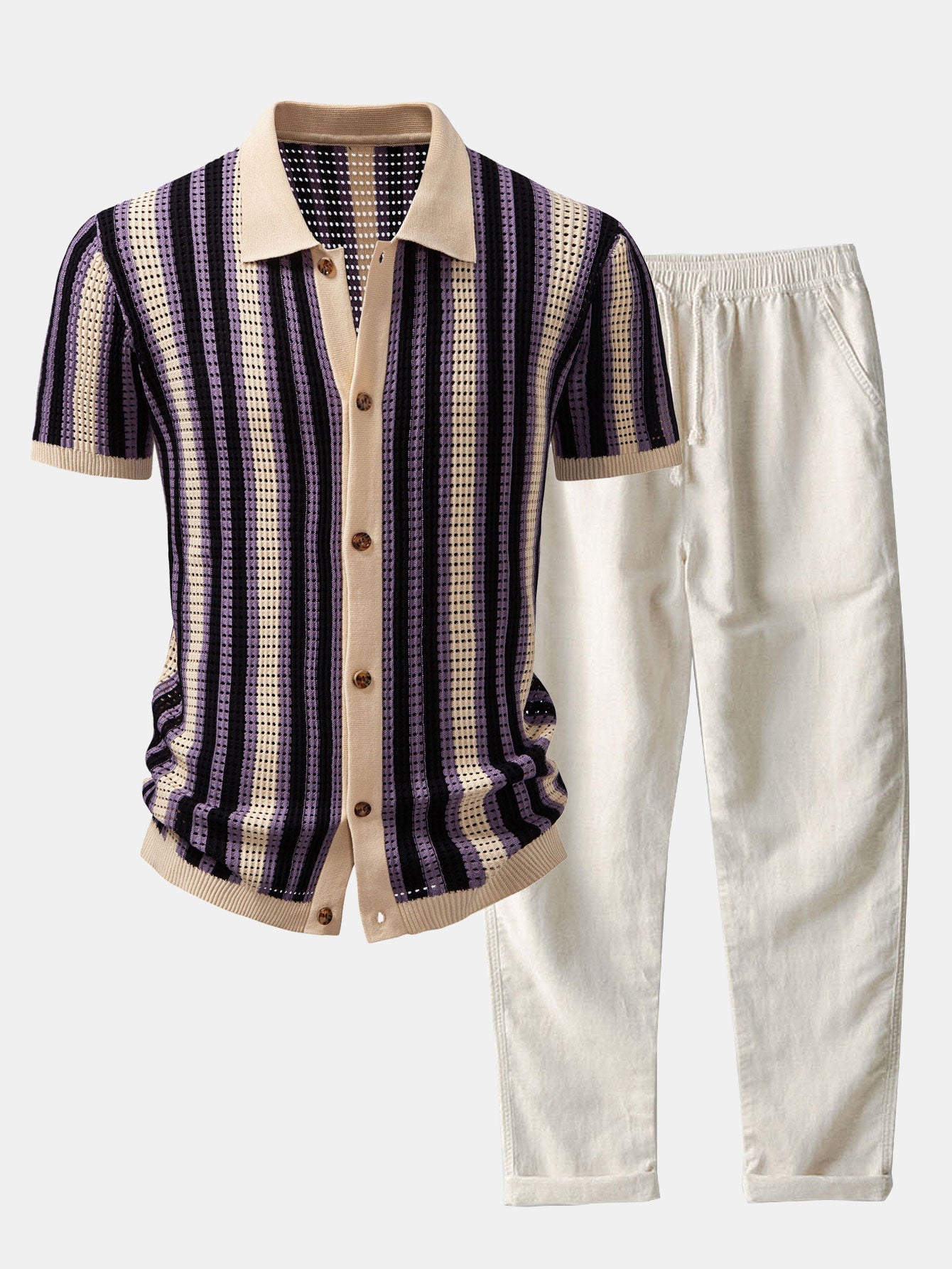 Maqiato | Men's Striped Crochet Shirt & Linen Pants Set