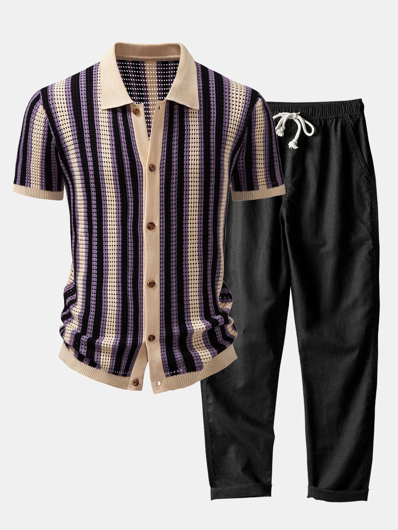 Maqiato | Men's Striped Crochet Shirt & Linen Pants Set