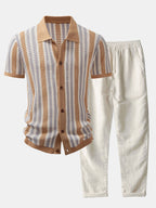 Maqiato | Men's Striped Crochet Shirt & Linen Pants Set