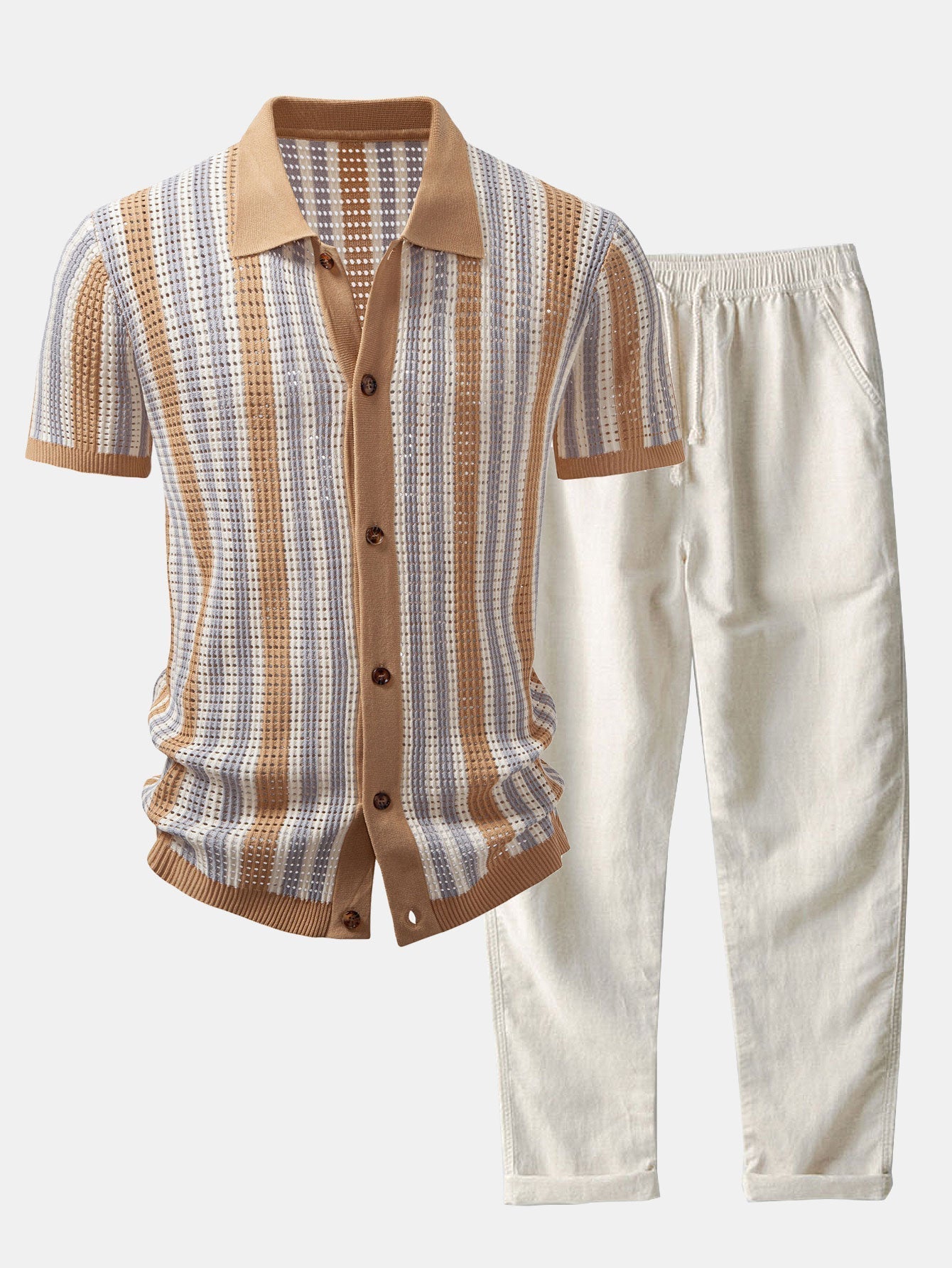 Maqiato | Men's Striped Crochet Shirt & Linen Pants Set