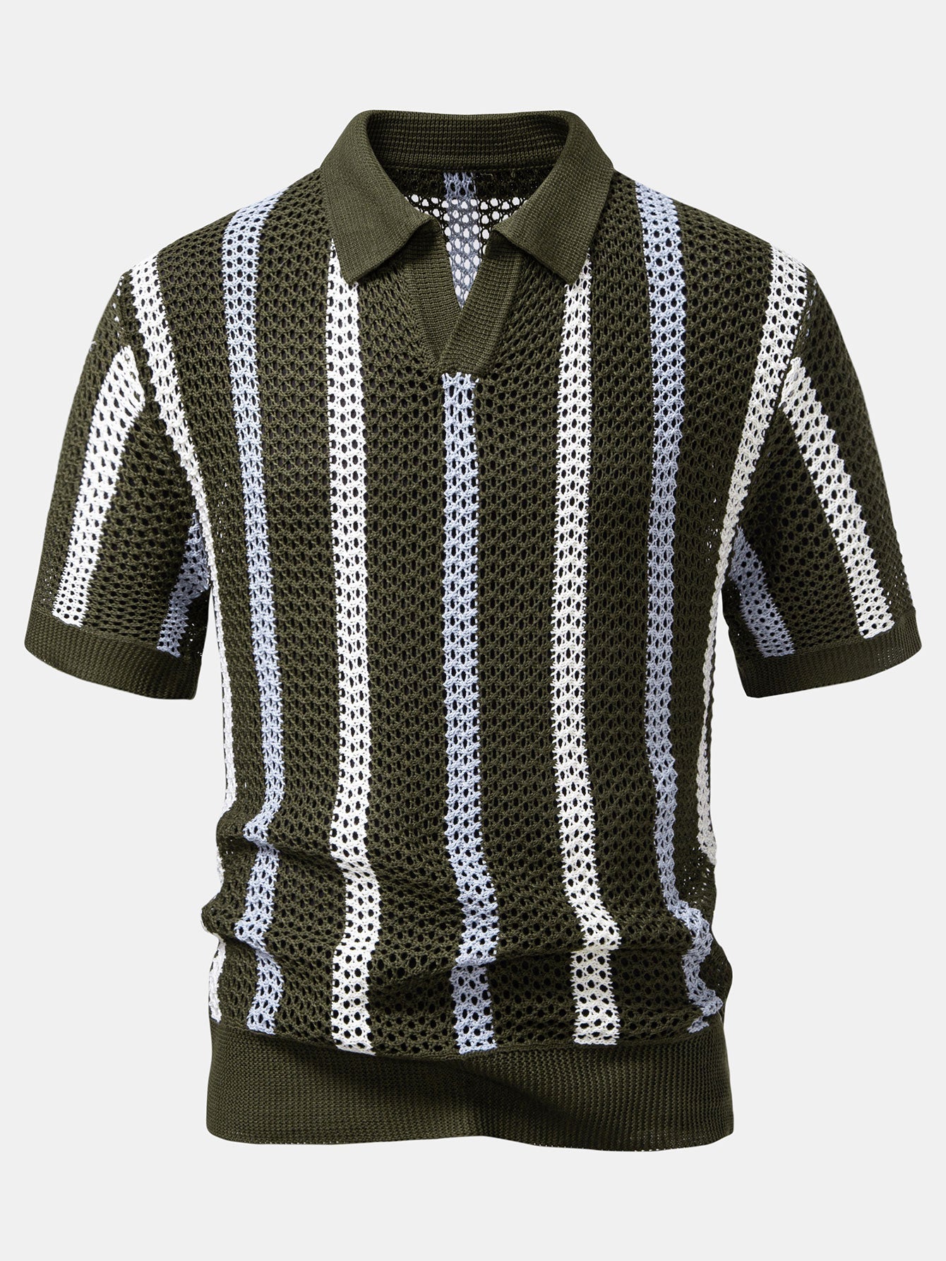 Maqiato | Men's Striped Crochet V-Neck Polo