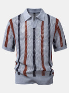 Maqiato | Men's Striped Crochet V-Neck Polo