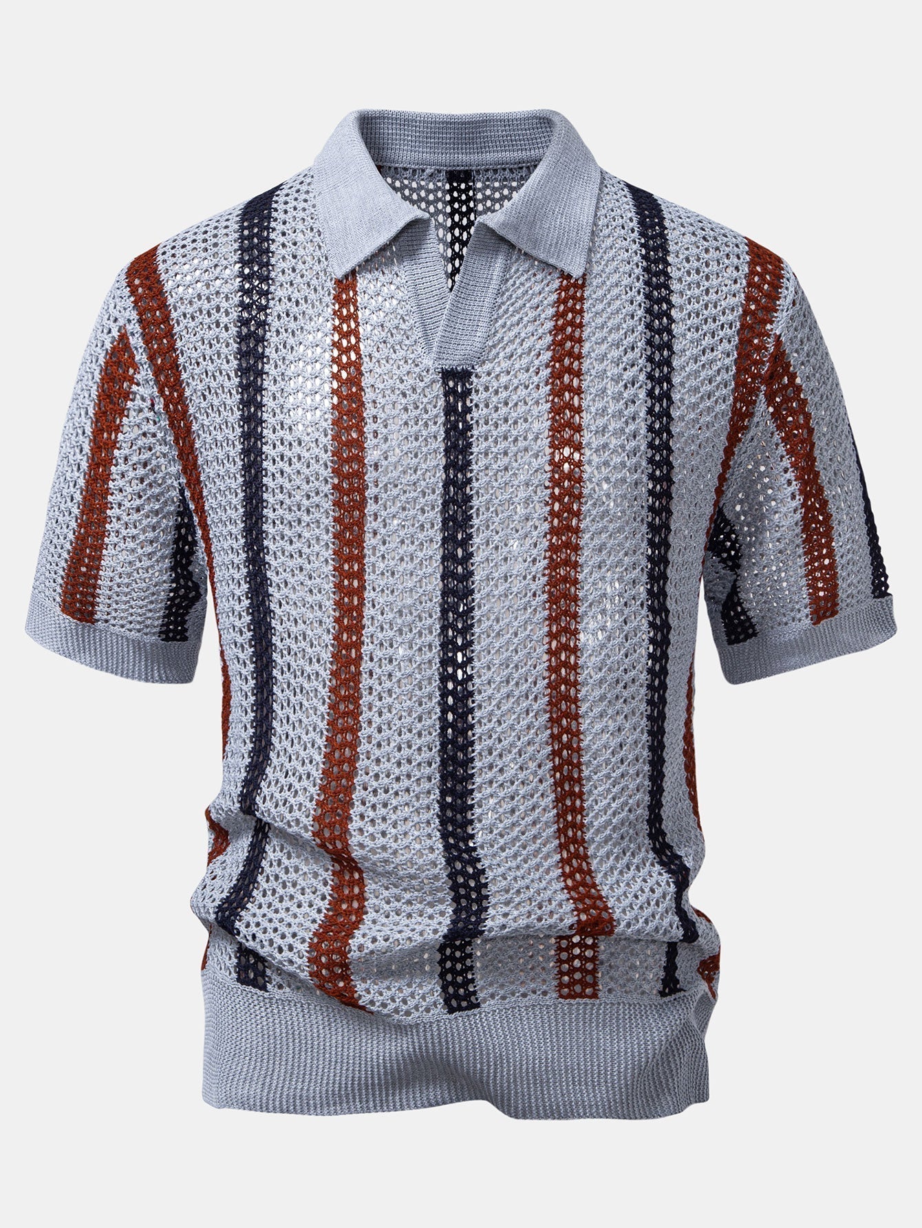 Maqiato | Men's Striped Crochet V-Neck Polo
