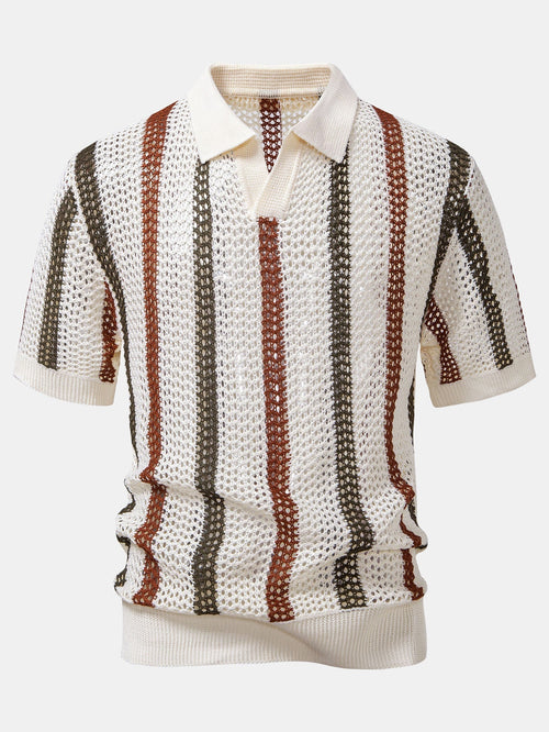 Maqiato | Men's Striped Crochet V-Neck Polo