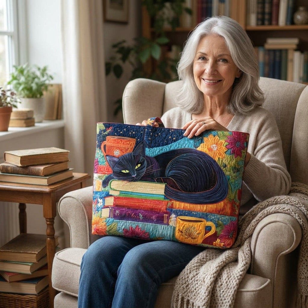 Maqiato | Quilted Cat Tote Bag - Black Cat, Books and Mugs