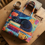 Maqiato | Quilted Cat Tote Bag - Black Cat, Books and Mugs