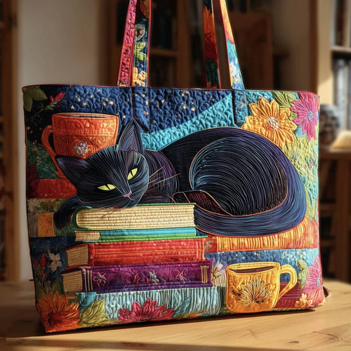 Maqiato | Quilted Cat Tote Bag - Black Cat, Books and Mugs