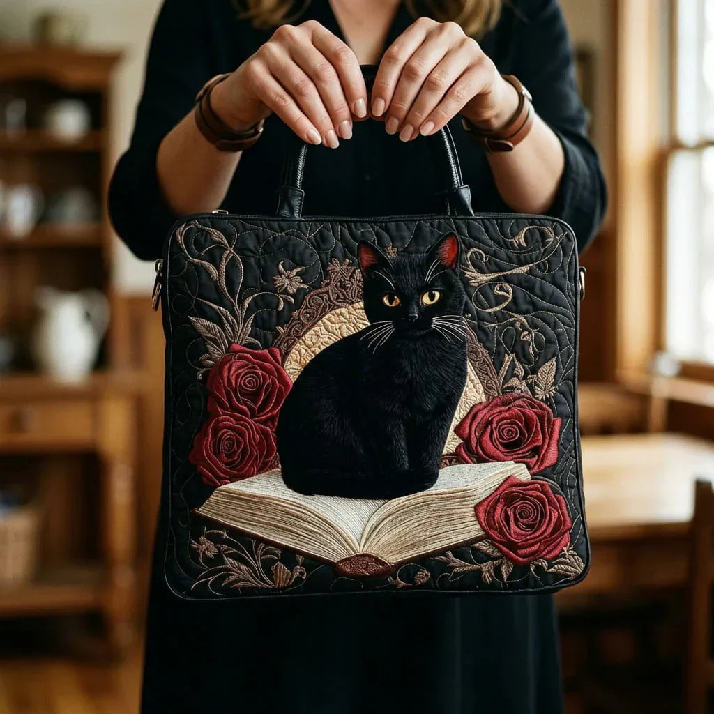 Maqiato | Quilted Cat Tote Bag - Black Cat and Book Stack