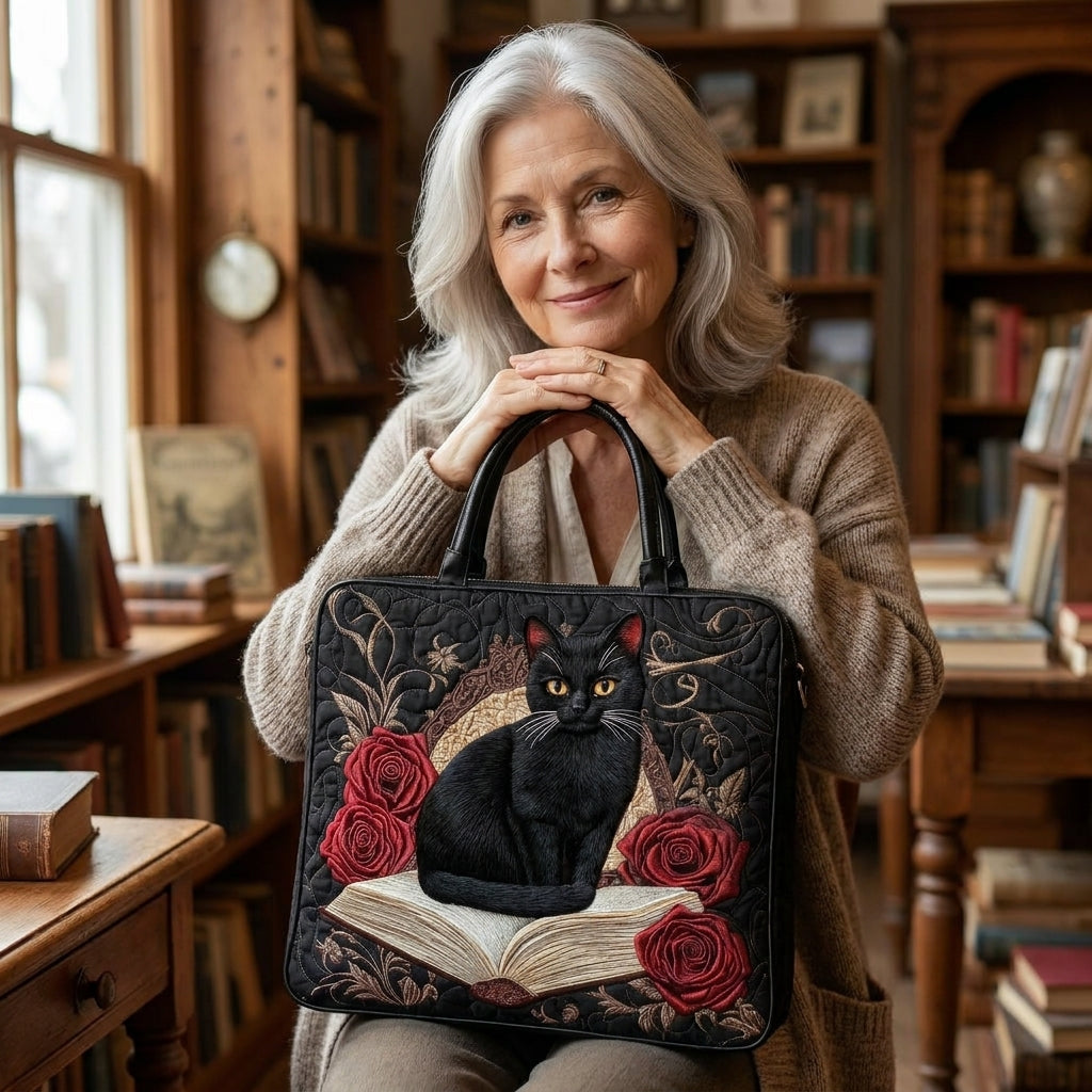 Maqiato | Quilted Cat Tote Bag - Black Cat and Book Stack