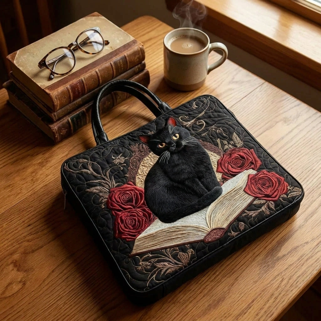 Maqiato | Quilted Cat Tote Bag - Black Cat and Book Stack