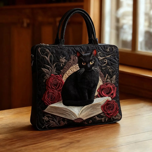 Maqiato | Quilted Cat Tote Bag - Black Cat and Book Stack