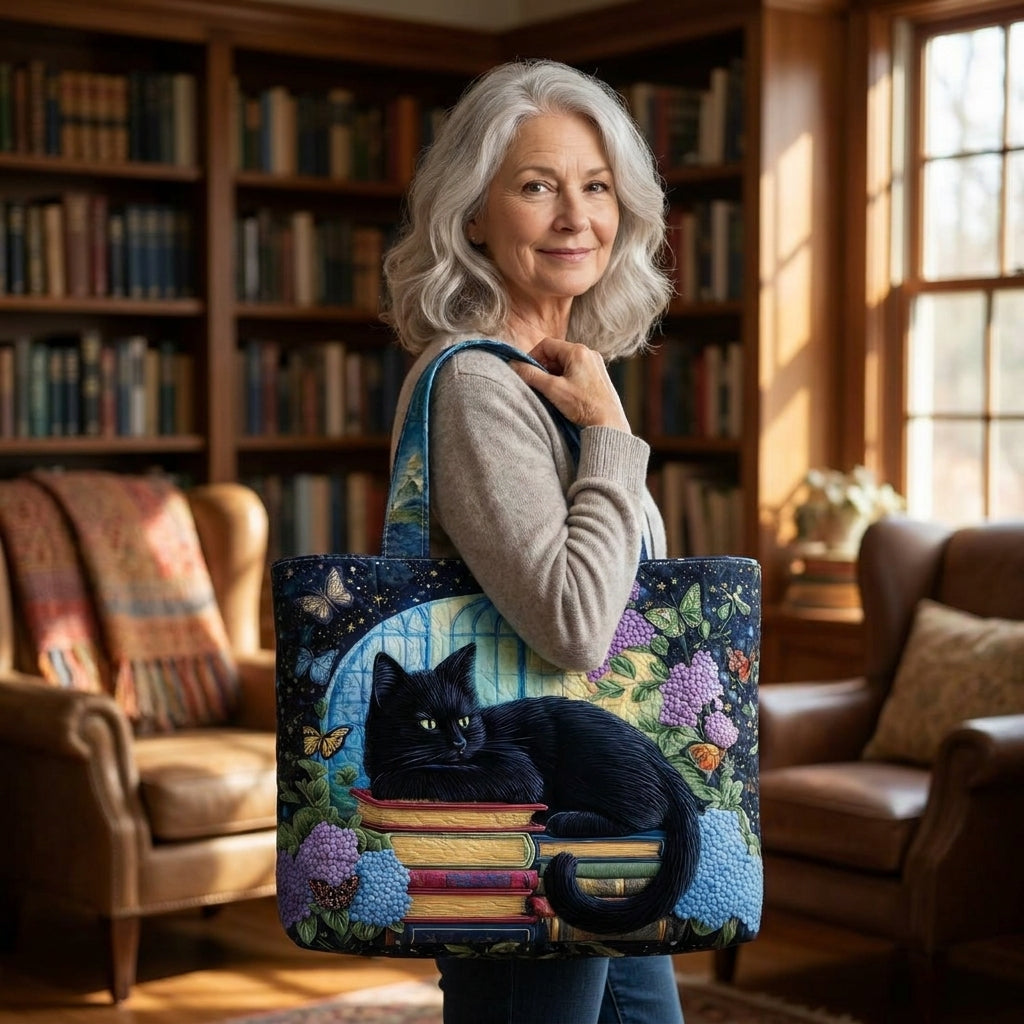 Maqiato | Quilted Cat Tote Bag - Black Cat on Books