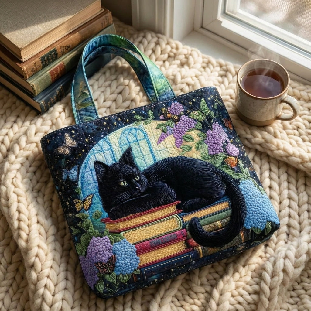 Maqiato | Quilted Cat Tote Bag - Black Cat on Books